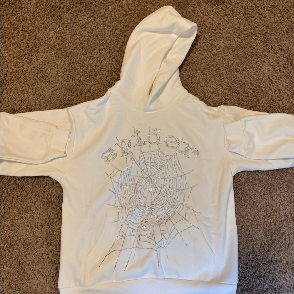 White Zip-Up Sweater with Spider Web Design